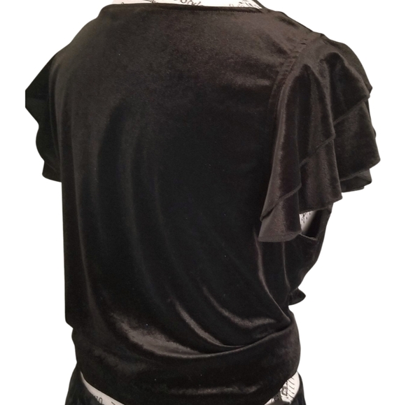 Vintage 90s black velvet basic top with ruffle sleeves - Picture 5 of 6
